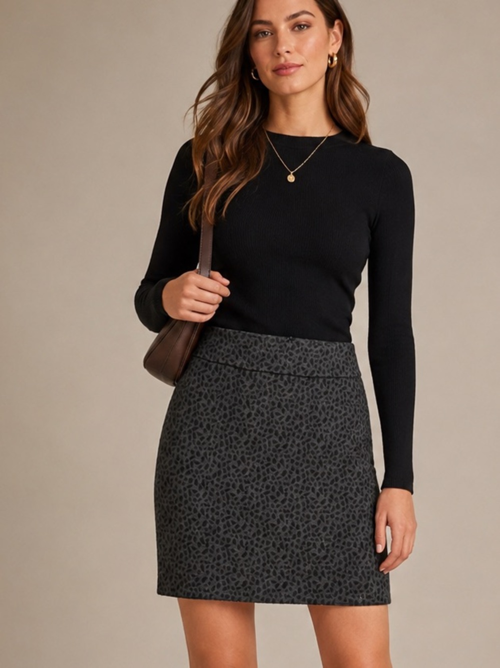 Halogen Black and Charcoal Leopard-Print Mini Skirt